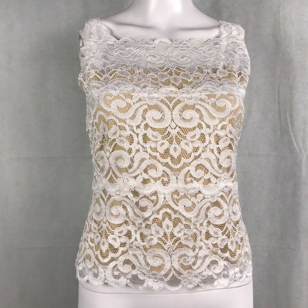 Karen Kane Tank Camisole Womens Sz Medium White Tan Floral Lace Square Neck Top‎
